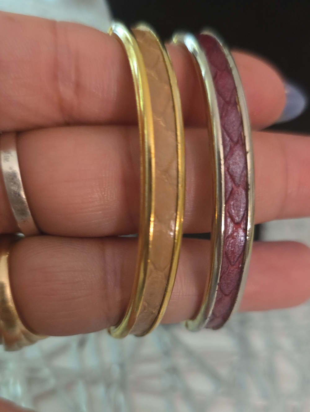 Women's Leather-Inlay Bangle Set in Pink and Tan